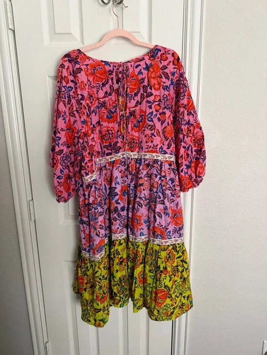 Anthropologie Floral Tiered Mini Dress XL Pink Boho Peasant 3/4 Sleeve - Picture 4 of 5